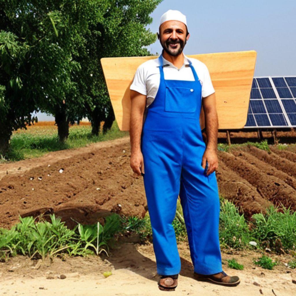 ** A successful Turkish entrepreneur happily standing in front of their thriving sustainable business, showcasing the government support they received (e.g., a plaque or symbolic representation of funding). The business should visually represent one of the supported sectors like organic farming, renewable energy, or eco-friendly product design. The overall mood is positive and encouraging.

**