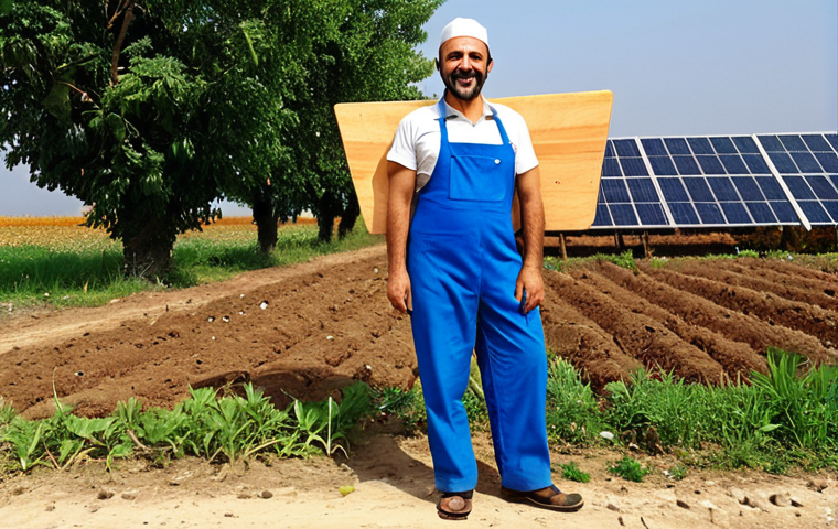 ** A successful Turkish entrepreneur happily standing in front of their thriving sustainable business, showcasing the government support they received (e.g., a plaque or symbolic representation of funding). The business should visually represent one of the supported sectors like organic farming, renewable energy, or eco-friendly product design. The overall mood is positive and encouraging.
**